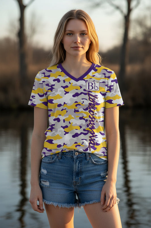 Moisture Wicking Woman's Fit Short-Sleeve V-Neck – Purple & Gold Camo
