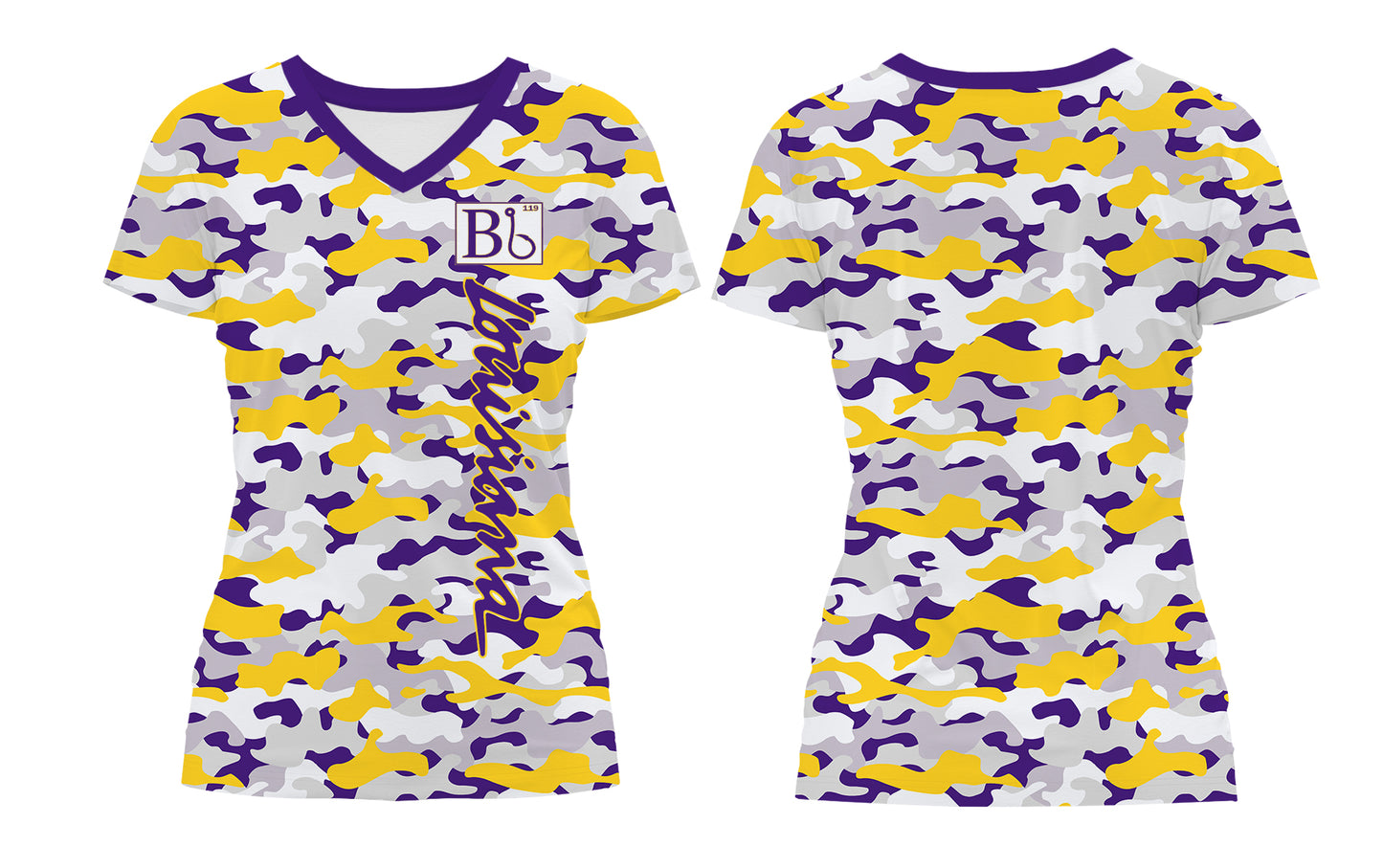 Moisture Wicking Woman's Fit Short-Sleeve V-Neck – Purple & Gold Camo