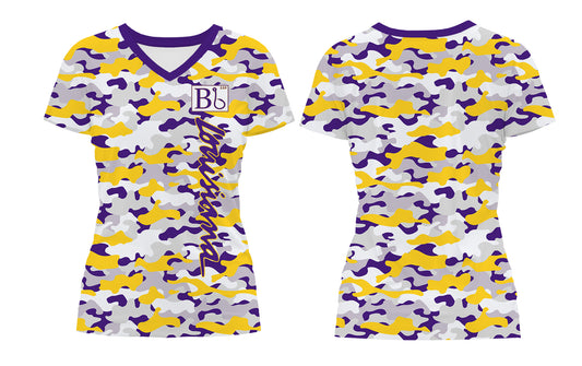 Moisture Wicking Woman's Fit Short-Sleeve V-Neck – Purple & Gold Camo