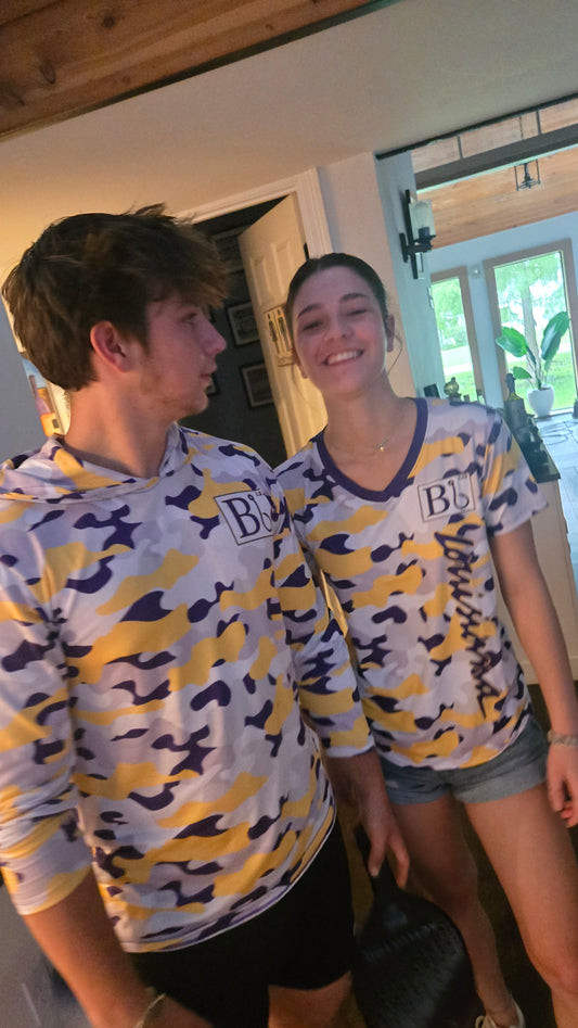 25% OFF Summer Sale- Moisture Wicking Purple & Gold Camo-Unisex Hooded Fishing Shirt
