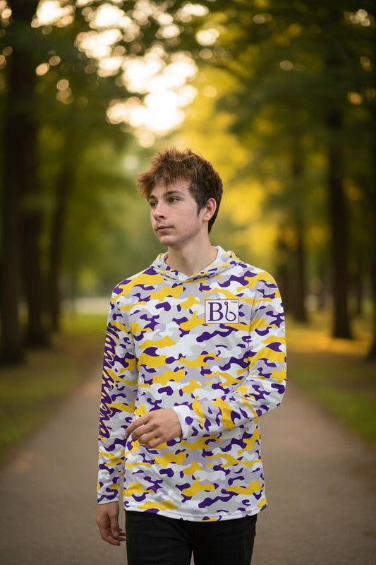 Moisture Wicking Purple & Gold Camo-Unisex Hooded Fishing Shirt
